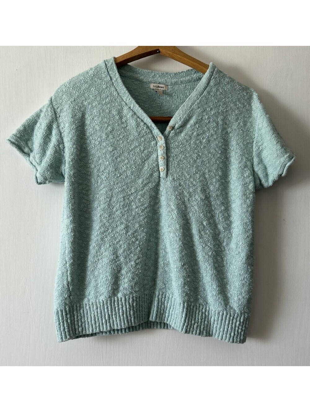 LL Bean Light Blue Textured Knit Pullover Sweater 100% Cotton V Neck Buttons M